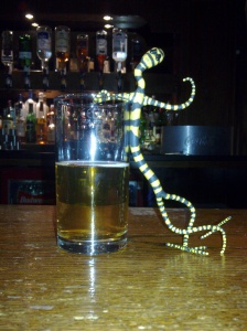 A Wasp Whip having a beer